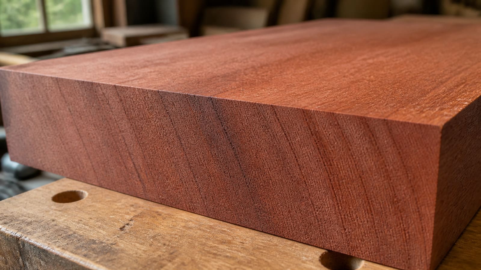 Close-up of reddish brown mahogany lumber showing ribbon stripe and open face-grain pores