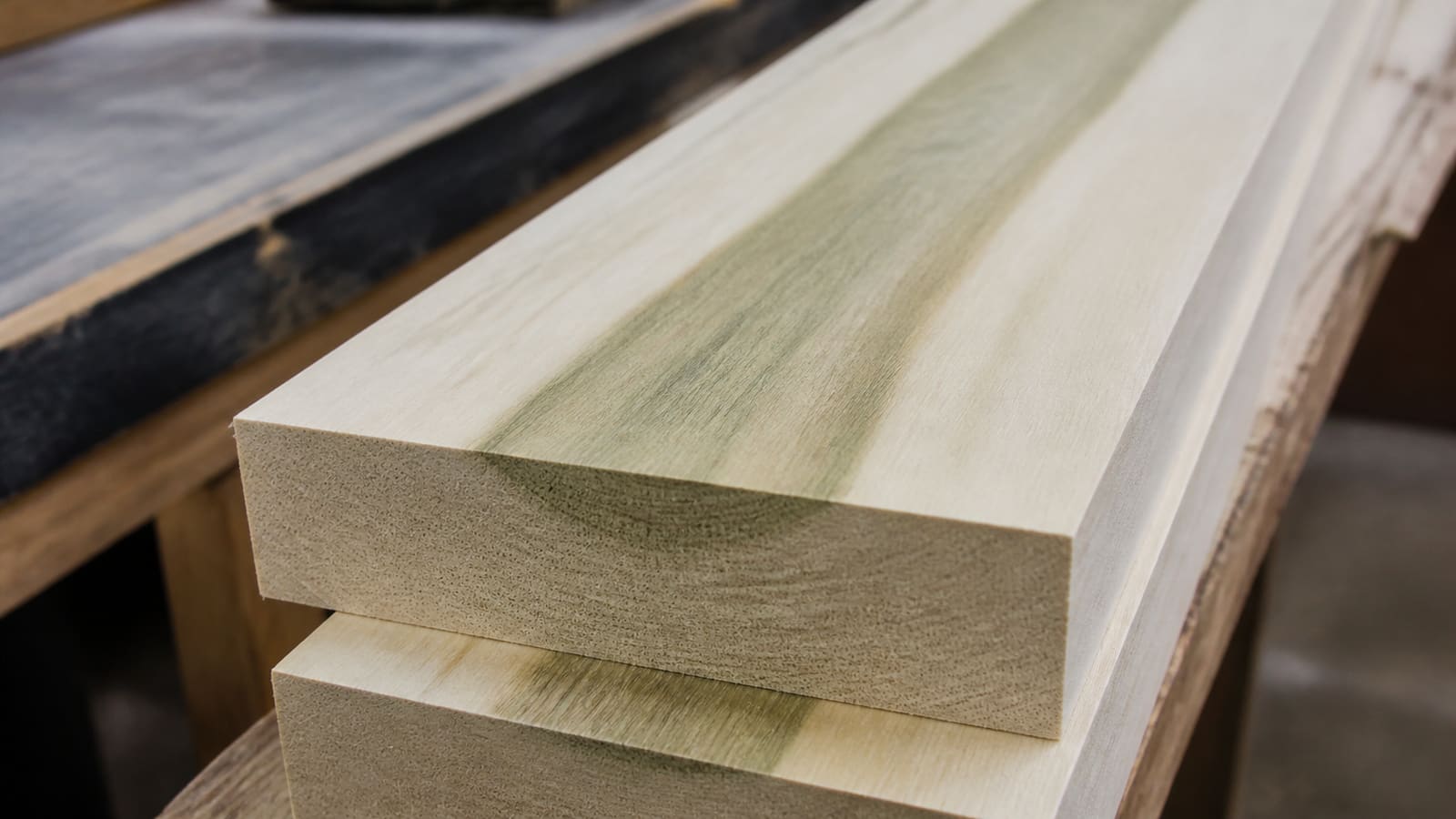 Close-up of unfinished poplar lumber showing pale grain and greenish gray heartwood streaks